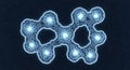 Abstract 3D rendering of a complex molecular structure with interconnected spheres in symmetrical pattern against dark blue Royalty Free Stock Photo
