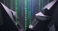Abstract Binary Code Matrix Falling Over Dark Geometric Shapes, Futuristic Technology Background Royalty Free Stock Photo