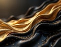 Abstract 3d rendering elegant black, gold flowing textures. Liquid like shapes, textures with gold glitter. Modern, luxurious