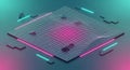 Abstract 3D geometric composition with grid pattern and colorful shapes on blue pink gradient background Royalty Free Stock Photo