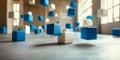 Abstract 3D Rendering Floating Cubes Blue and White Blocks Modern Design Concept