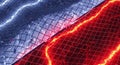 Abstract 3D rendering of futuristic cityscape with glowing red and blue grid lines creating wave-like pattern with depth and Royalty Free Stock Photo