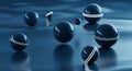 Abstract 3D rendering of futuristic dark spheres with glowing white lines on a reflective blue surface Royalty Free Stock Photo