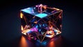 Abstract 3D rendering of a geometric crystal cube with colorful internal reflections, dark background. Royalty Free Stock Photo