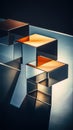 Abstract 3D rendering of glass cubes with caustics on reflective surface