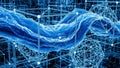 Abstract 3D rendering of glowing blue digital network with interconnected nodes and flowing data streams Royalty Free Stock Photo
