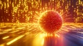 Abstract 3D Rendering Glowing Red Virus Particle in Golden Light Trails