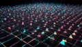 Abstract 3D rendering of a grid pattern with glowing, multicolored pyramids. Royalty Free Stock Photo
