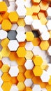 Abstract 3D rendering of a honeycomb pattern with yellow, orange, white, and gray hexagonal tiles. Royalty Free Stock Photo