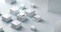 Abstract 3D rendering of interconnected white cubes representing digital data flow and network architecture in a futuristic Royalty Free Stock Photo