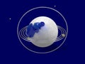 Stylized image of a model of the planet with golden rings and blue gems. Abstract image on a blue background. 3D rendering