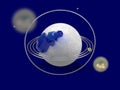 Stylized image of a model of the planet with golden rings and blue gems. Abstract image on a blue background. 3D rendering