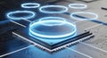 High-Performance Digital Processor with Glowing Blue Rings: Concept for Modern Technology and Data Science. Royalty Free Stock Photo
