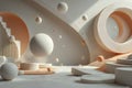 Abstract 3D rendering with spheres, cylinders, and circular openings creating a surreal environment Royalty Free Stock Photo