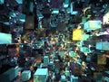 Abstract 3D rendering of a vibrant and dynamic cube matrix in a futuristic space environment with glowing highlights