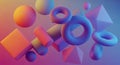 Abstract 3D shapes, including spheres, cubes, toruses, and pyramids, are arranged in a dynamic Royalty Free Stock Photo