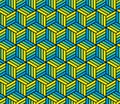 Abstract 3d striped cubes geometric seamless pattern in blue and yellow, vector Royalty Free Stock Photo