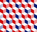 Abstract 3d striped cubes geometric seamless pattern in red blue and white, vector Royalty Free Stock Photo