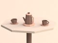 Abstract 3d two coffee cup and coffee pot low poly on table cartoon style 3d render cream background