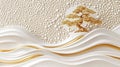 Golden Bonsai Tree on Textured Background with White Waves and Gold Accents Royalty Free Stock Photo