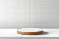 Abstract 3D white, brown cylinder pedestal podium on the table with white square tile texture wall scene. Vector rendering minimal Royalty Free Stock Photo