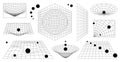 Abstract 3D wireframe shapes, perspective grids and heart. Y2K futuristic retro aesthetic set