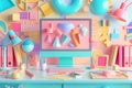 Abstract 3D work and study desk with computer showing geometric and colorful stationary on table.