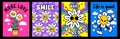 Abstract daisy flower posters in 70s groovy style. Psychedelic retro prints with slogan and cartoon hippie daisy