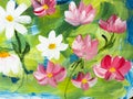 Abstract daisy flowers, original hand drawn, impressionism style, color texture, brush strokes of paint, art background