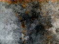 Abstract of damaged and scratched textured grey background with black splash, scary wall paper with orange rusty copper Royalty Free Stock Photo