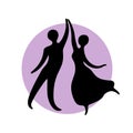 Abstract dancers black silhouette over round shape. Dance studio logo design template Royalty Free Stock Photo