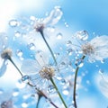abstract Dandelion flower seeds with water drops background with blue sky, photo by Generative AI Royalty Free Stock Photo