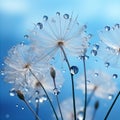 abstract Dandelion flower seeds with water drops background with blue sky, photo by Generative AI Royalty Free Stock Photo