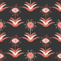 Abstract dandelion seeds seamless vector pattern background.Stylized folk art mix of herbacious garden flowers black red Royalty Free Stock Photo