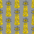 Abstract dandelion seeds seamless vector pattern background. Yellow grey backdrop with tall stylized folk art herbacious