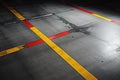 Abstract Danger: Red and Black Striped Warning Tape on Grey Concrete