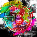 Colorful bitcoin with bright paint splatters on white background, cryptocurrency concept