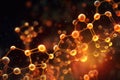 Abstract dark background with gold and orange molecule or particles. Generative AI