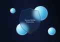 Abstract dark blue background dedicated to security issues, featuring a translucent glass shield and floating gradient spheres. Royalty Free Stock Photo