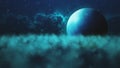 Abstract Dark Blue Spooky Above The Clouds With Moon And Cloudy Hazy Nebula Starry Night Sky Horror Shining Royalty Free Stock Photo