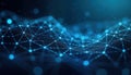 Abstract dark blue tech background displays glowing particles, lines forming network pattern. Intricate plexus design illustrates