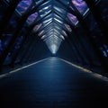 abstract dark blue tunnel with light in the end, perspective view. Royalty Free Stock Photo