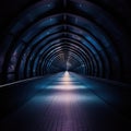 abstract dark blue tunnel with light in the end, perspective view. Royalty Free Stock Photo