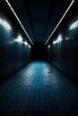 abstract dark blue tunnel with light in the end, perspective view. Royalty Free Stock Photo