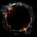 Abstract Dark Circle with Orange Fire and Smoke Against Black Background Royalty Free Stock Photo