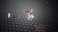 Abstract dark hexagonal grid pattern with glowing light emerging from disruption Royalty Free Stock Photo