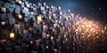 Abstract dark metallic cube array glowing with inner light. Generative AI