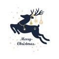 Abstract dark navy blue and golden silhouette jumping reindeer with cute hanging holiday ornaments Royalty Free Stock Photo