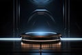 Abstract dark scene with neon light and podium. Mock up, 3D Rendering, Futuristic dark podium with light and reflection background