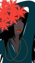 Abstract dark skinned lady with hot red juicy lips and black hair holds a bouquet of red fairy flowers above her head.